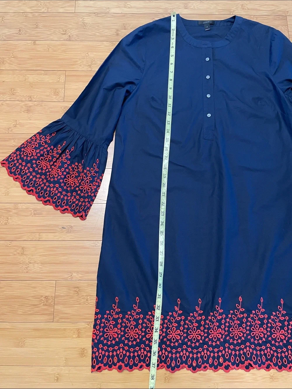 J. Crew Midi Dress Medium Embroidered Eyelet Bell Long Sleeve Navy Blue
